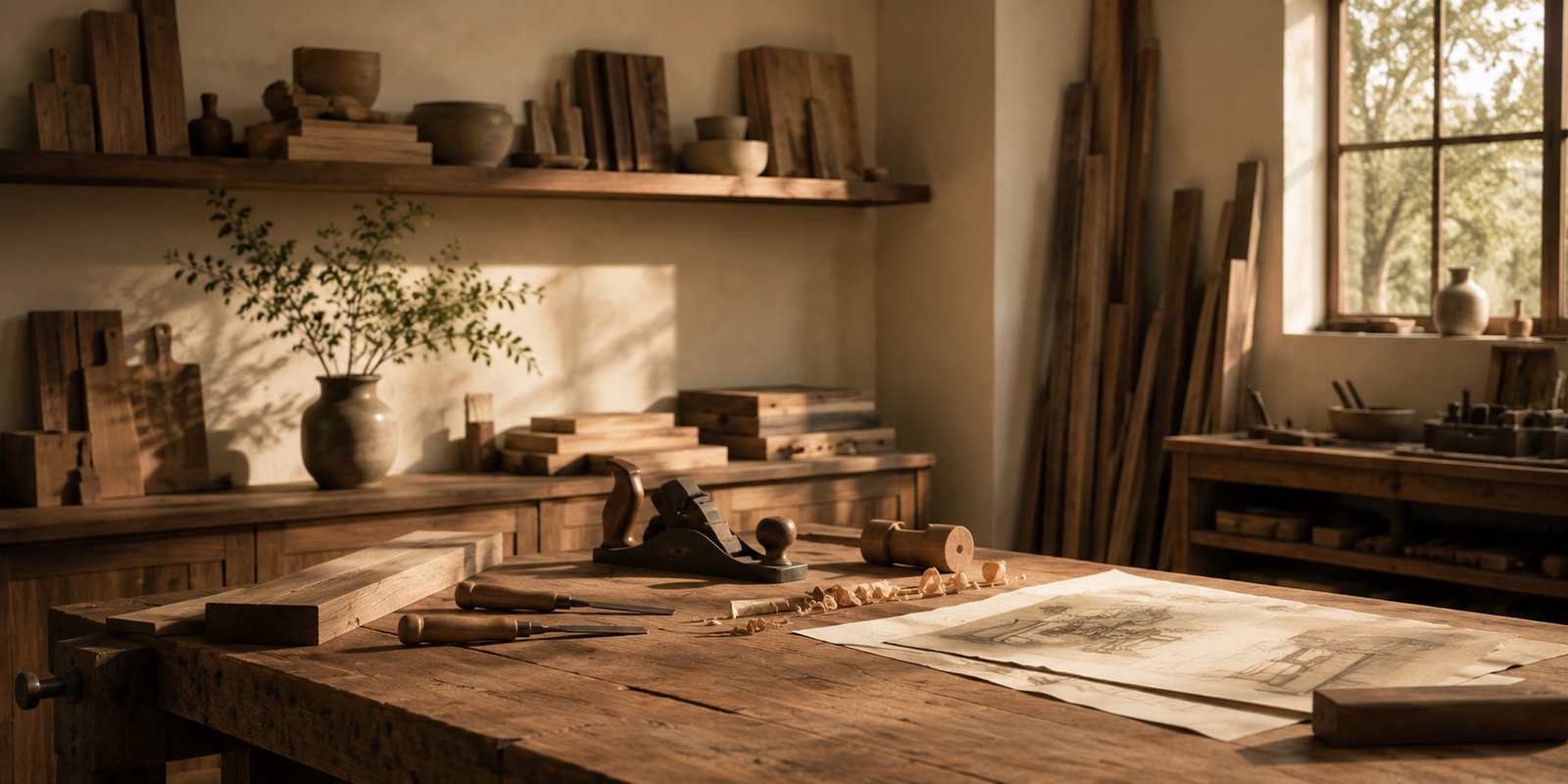 Workshop bench with woodworking tools
