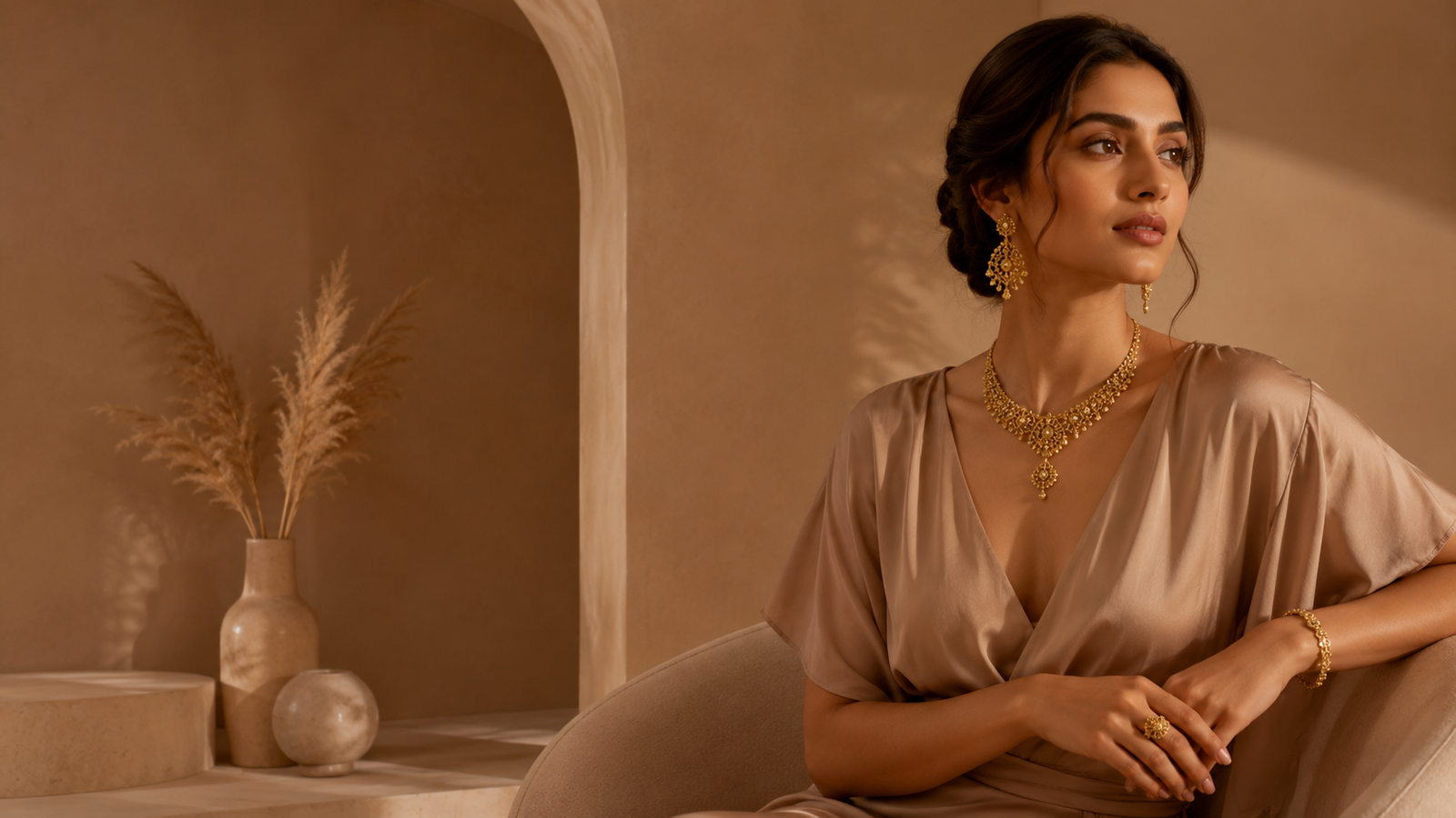 Portrait of a woman wearing elegant silver jewellery in soft studio light