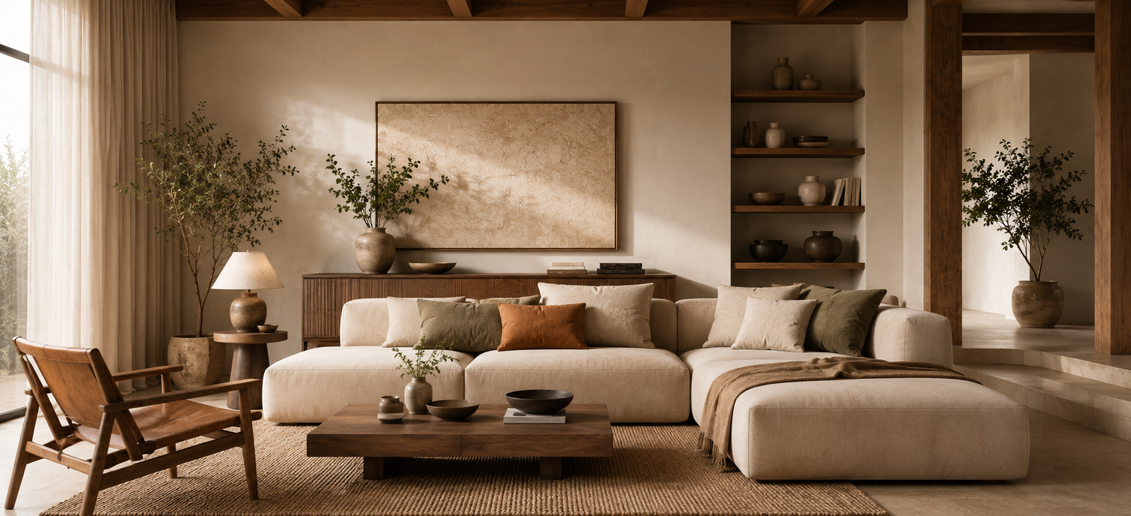 Warm living room styled with wooden coffee table