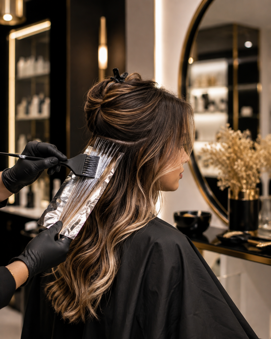 Stylist working on a client's hair colour in the studio