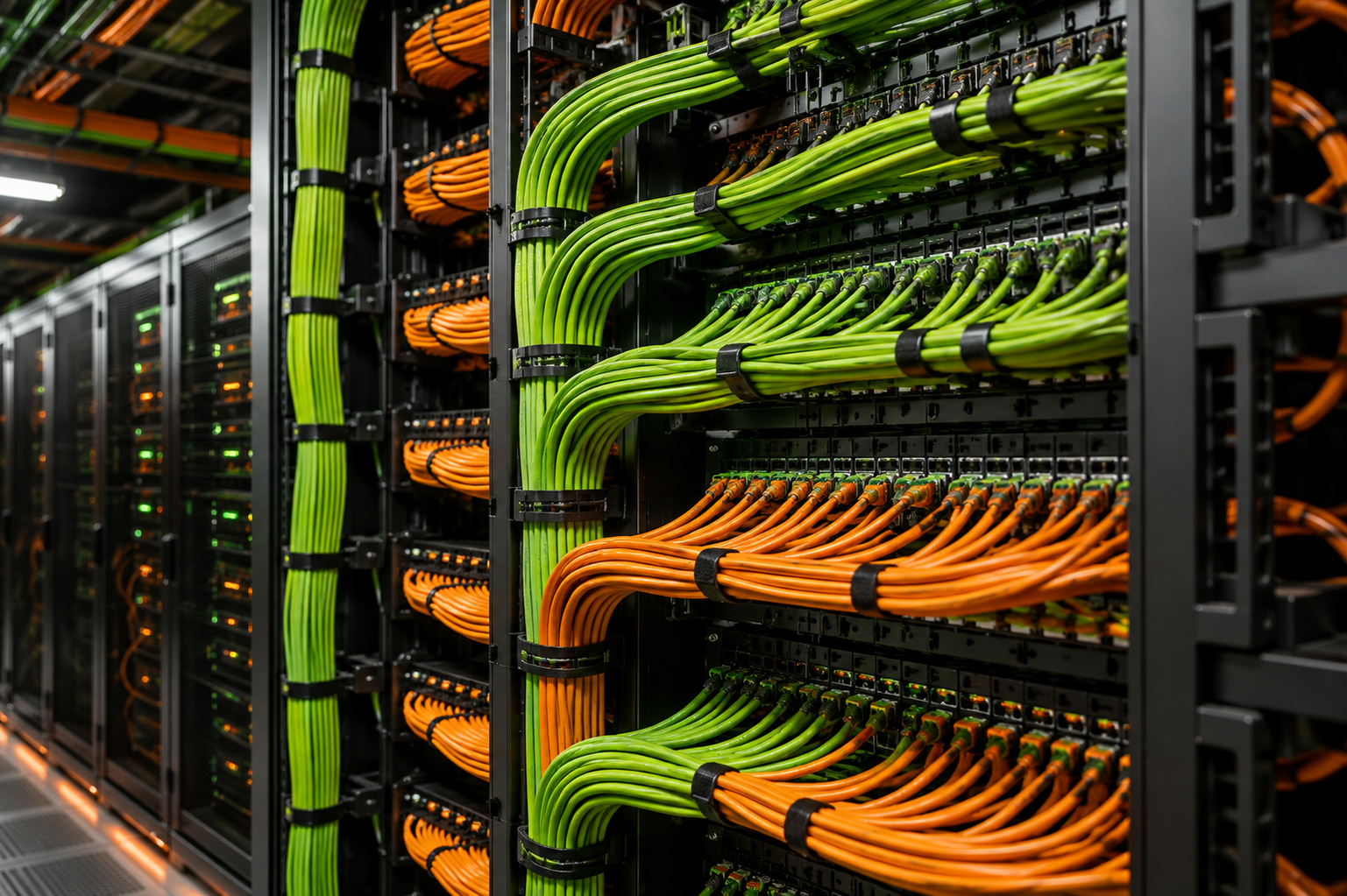 Close-up of ethernet cables connected to a network switch