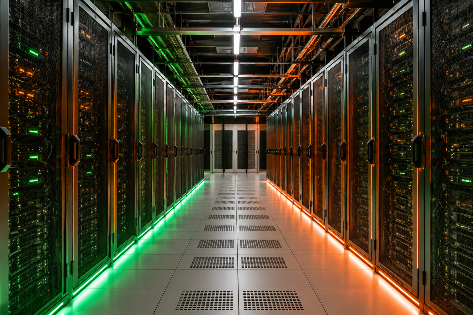 Rows of illuminated server racks in a data center