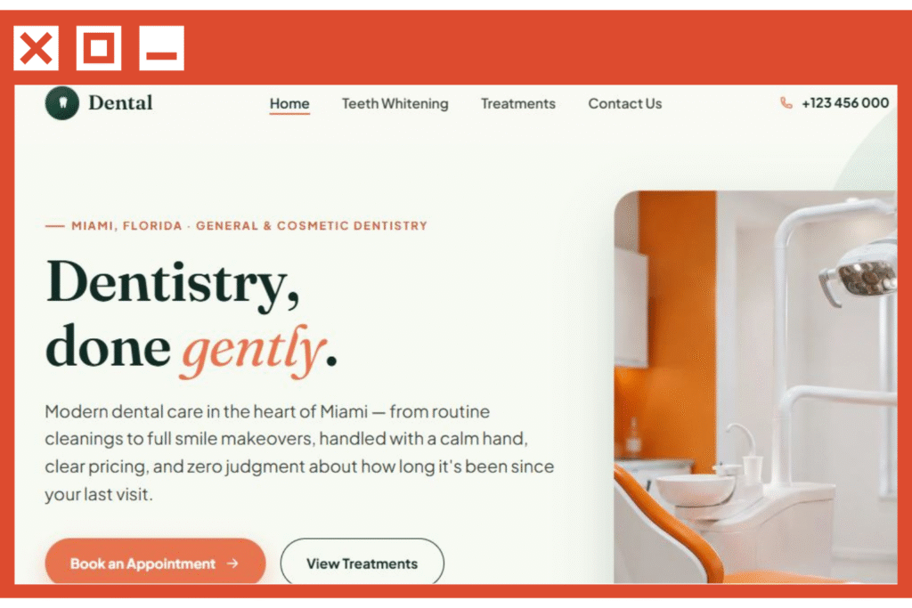 Modern dental clinic website template with View Treatments and Booking section.