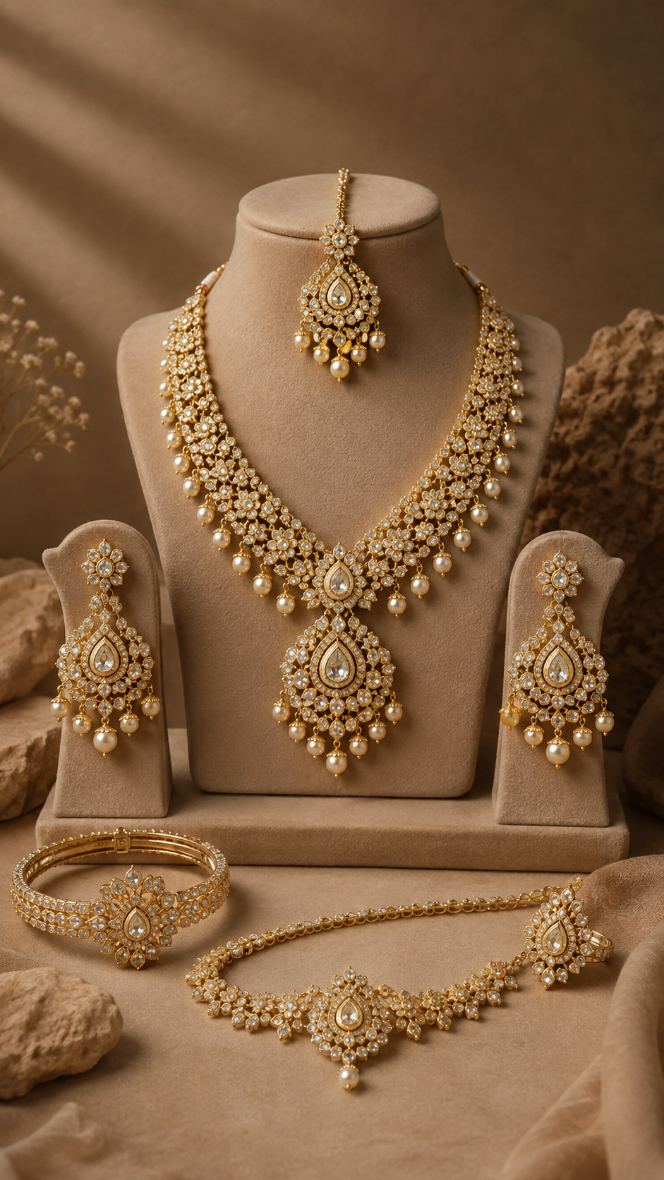 Refined display of gold jewellery pieces, earrings, rings and a bracelet