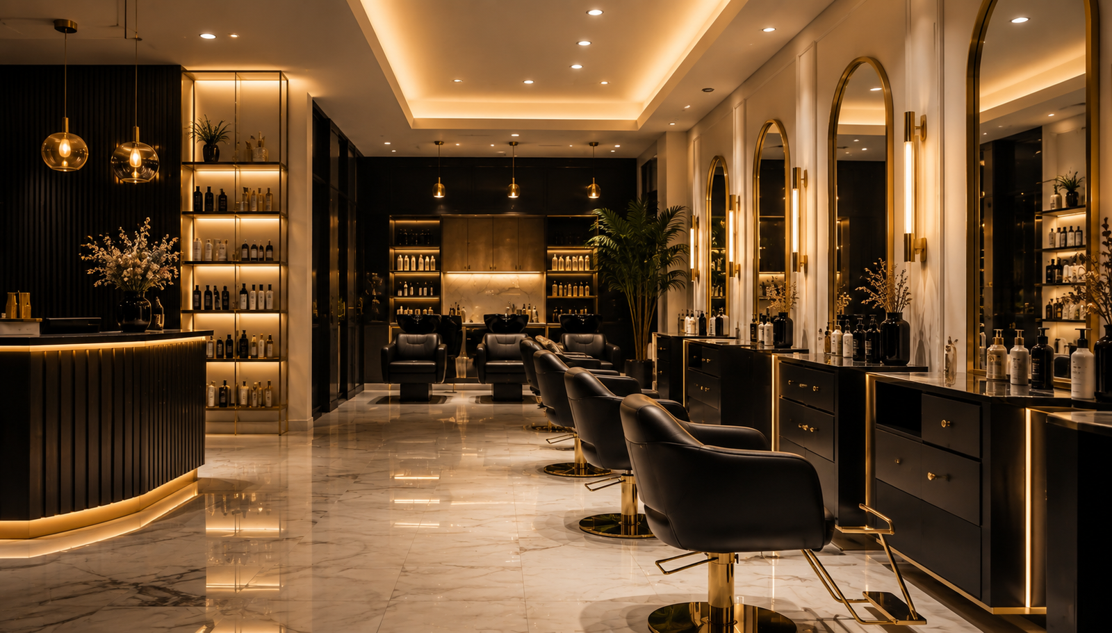 Golden-lit hair salon interior with styling chairs and arched mirrors