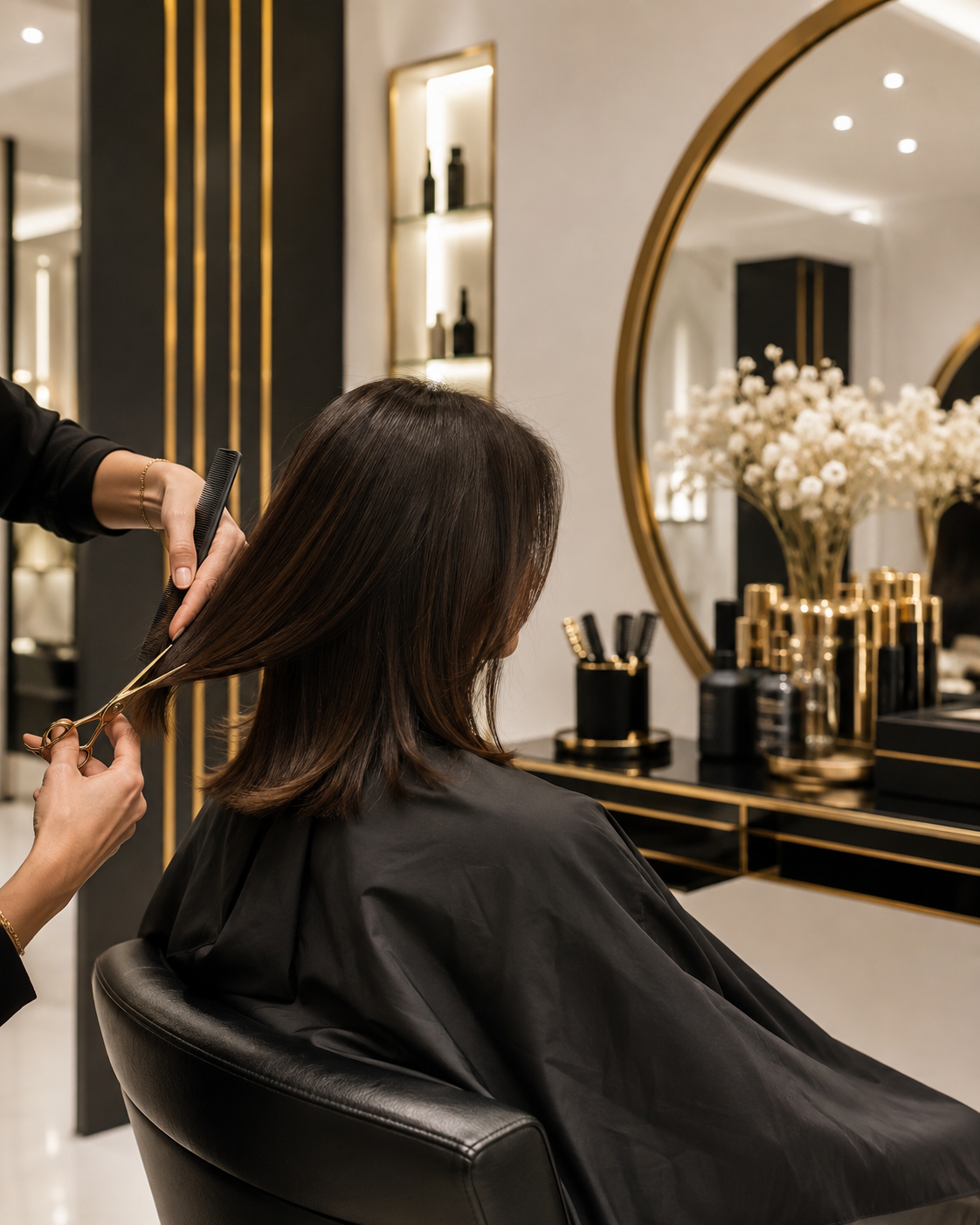 Stylist cutting a client's hair with scissors