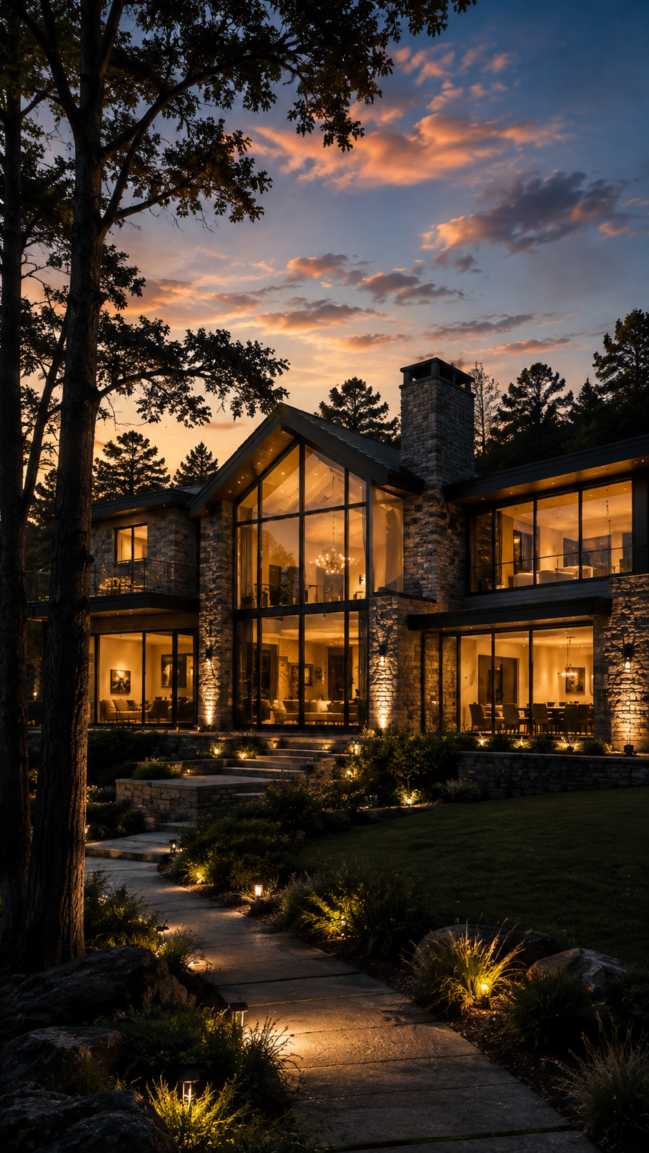 Hartswood House at dusk, glass and stone facade lit from within