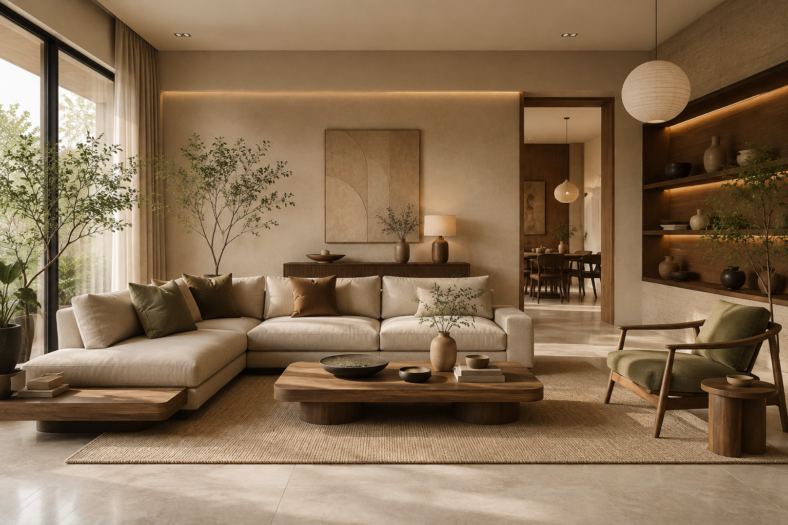 Sunlit modern living room with a sectional sofa and warm wood accents