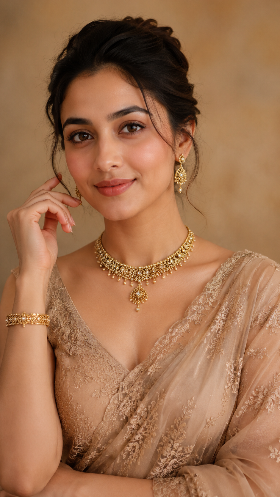 Model wearing a sculptural emerald and gold earring, Aurelia Atelier 2026 collection