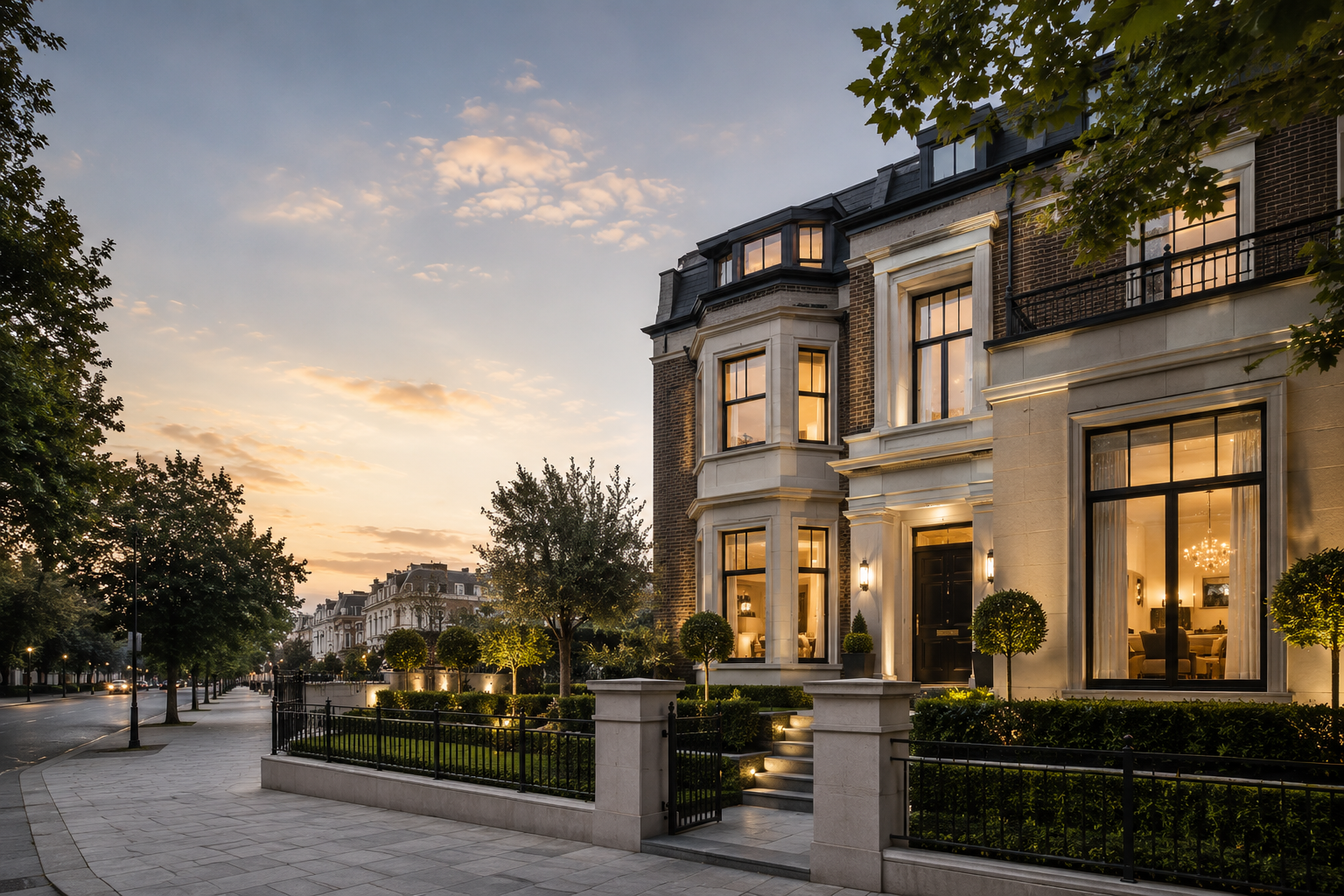 Modern luxury home glowing at dusk, floor-to-ceiling glass and warm interior light