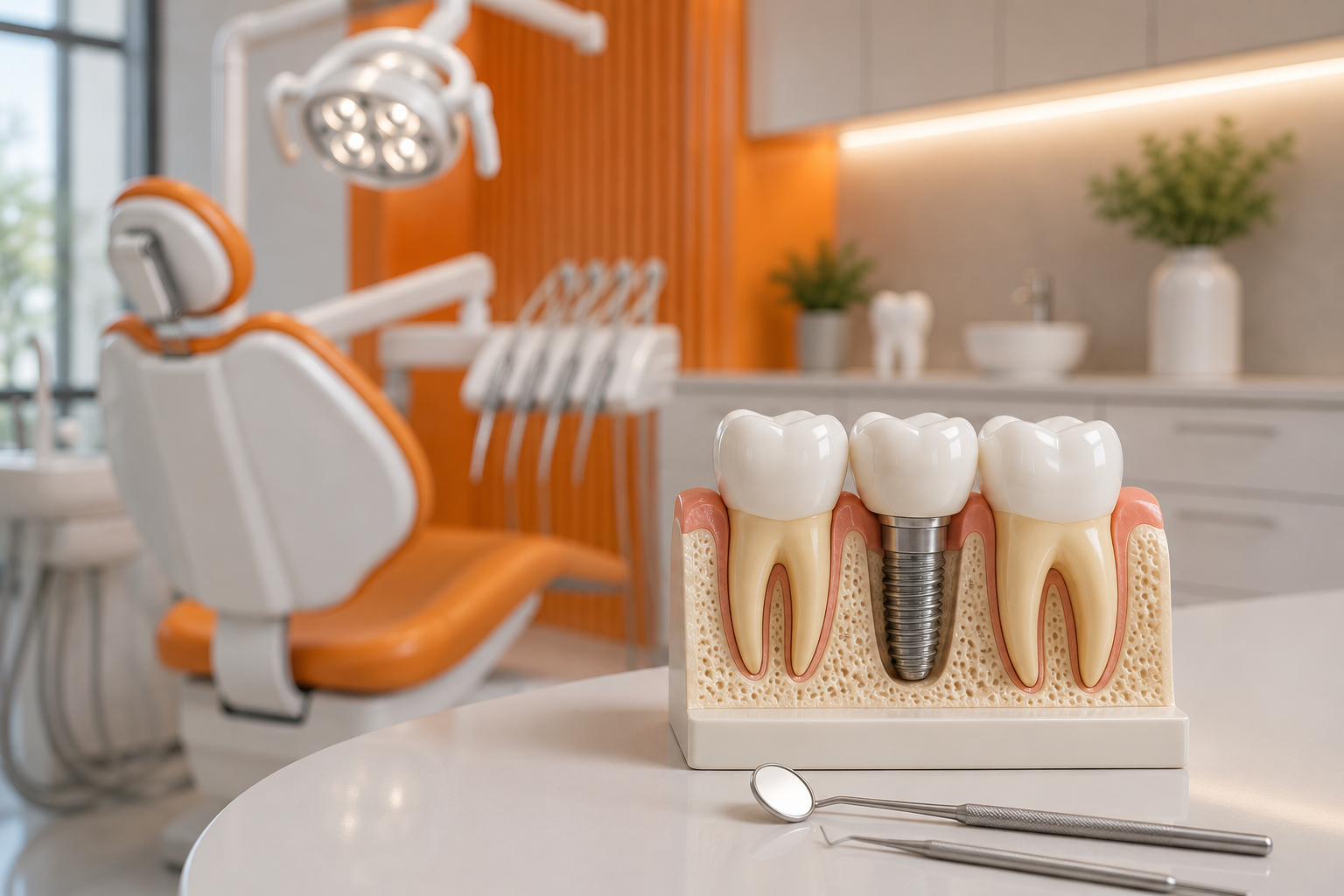 Dental implant model showing teeth and jaw structure