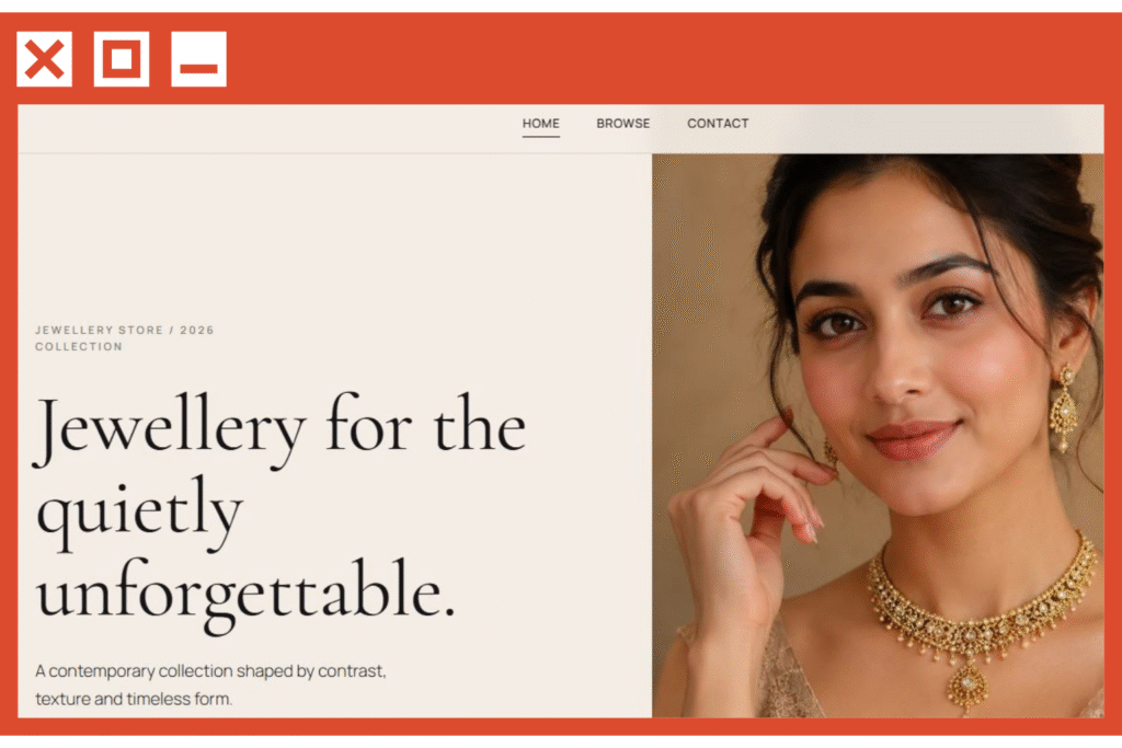 Responsive jewellery website template for minimalist jewellery brands.