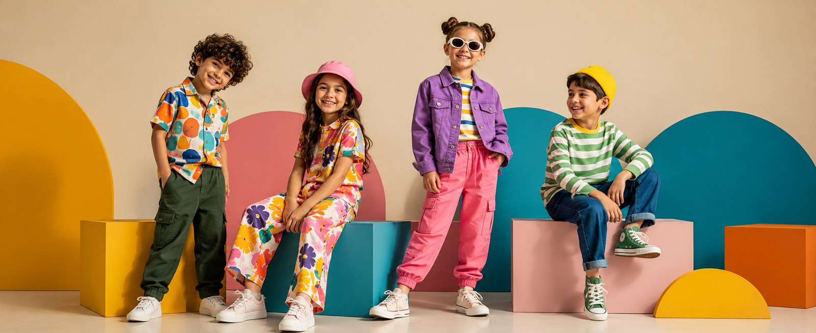Kids’ footwear campaign image.