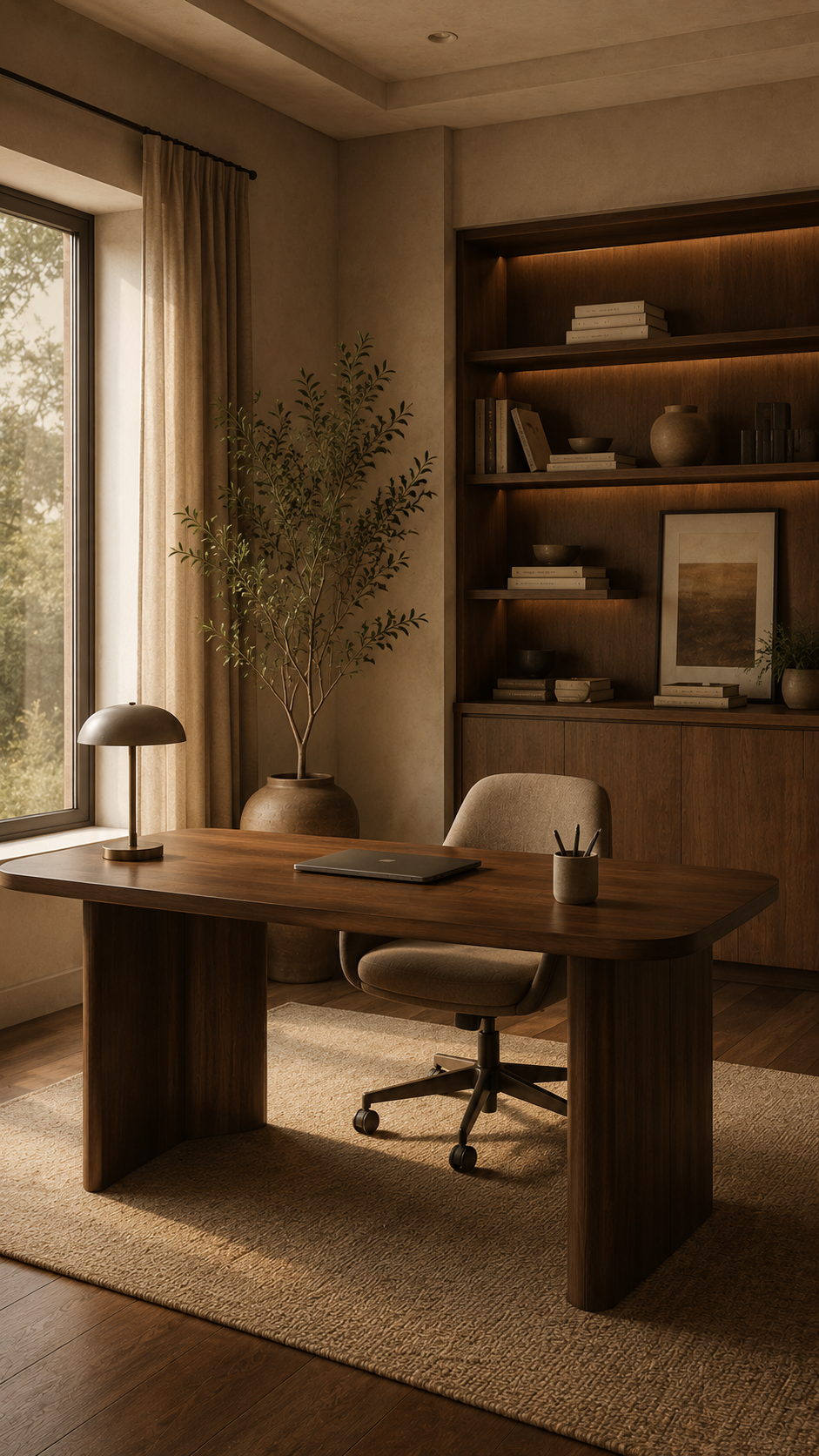 Minimal home office with wooden desk and chair
