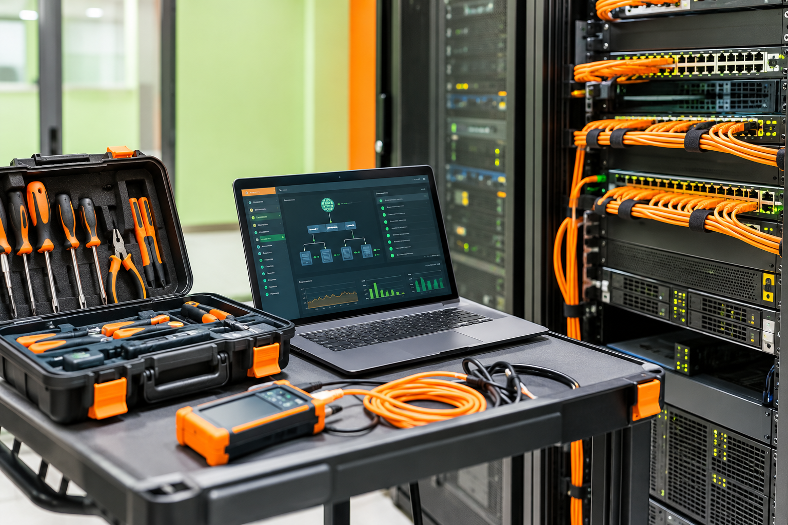 Engineer configuring cables on a server rack