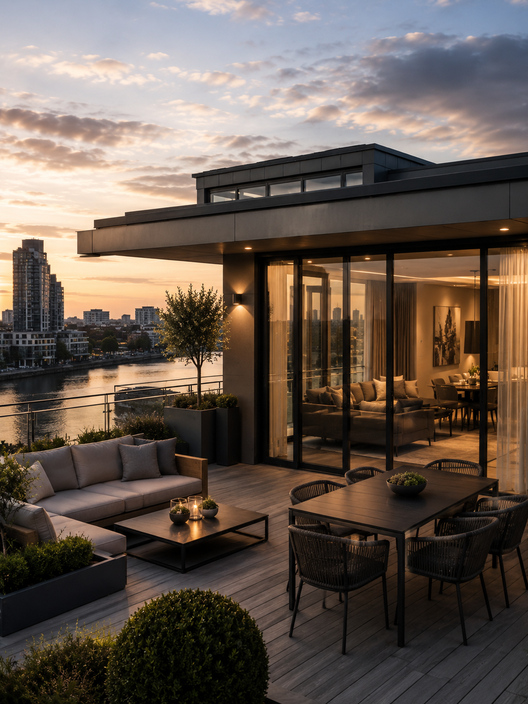 Modern penthouse with a private rooftop terrace at dusk