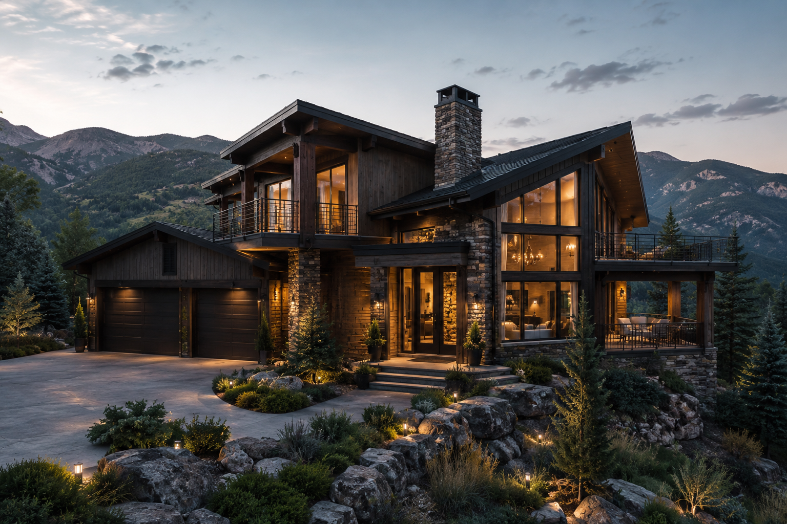 Contemporary new-build house lit up at dusk, aerial view