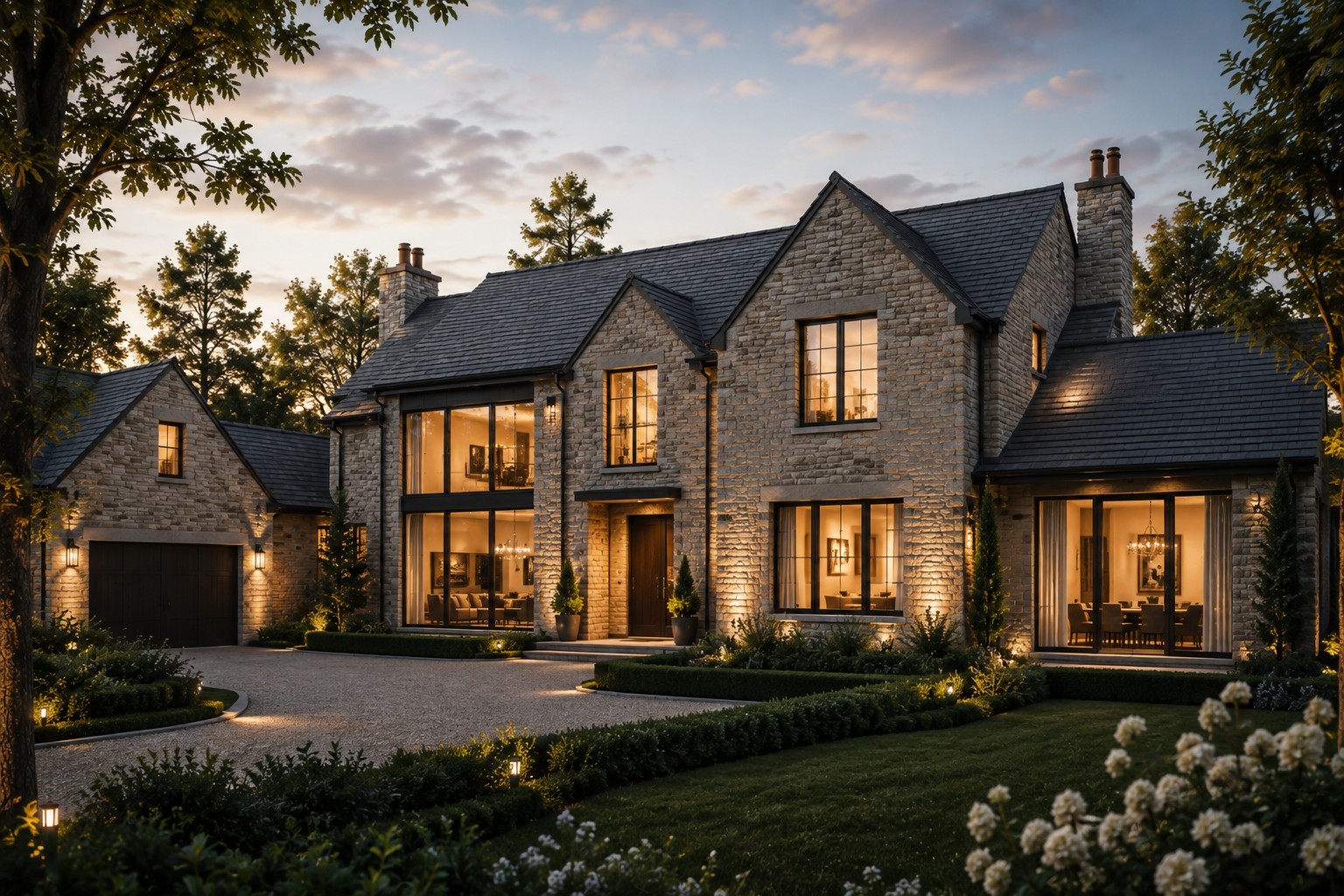 Contemporary new-build house lit up at dusk, aerial view