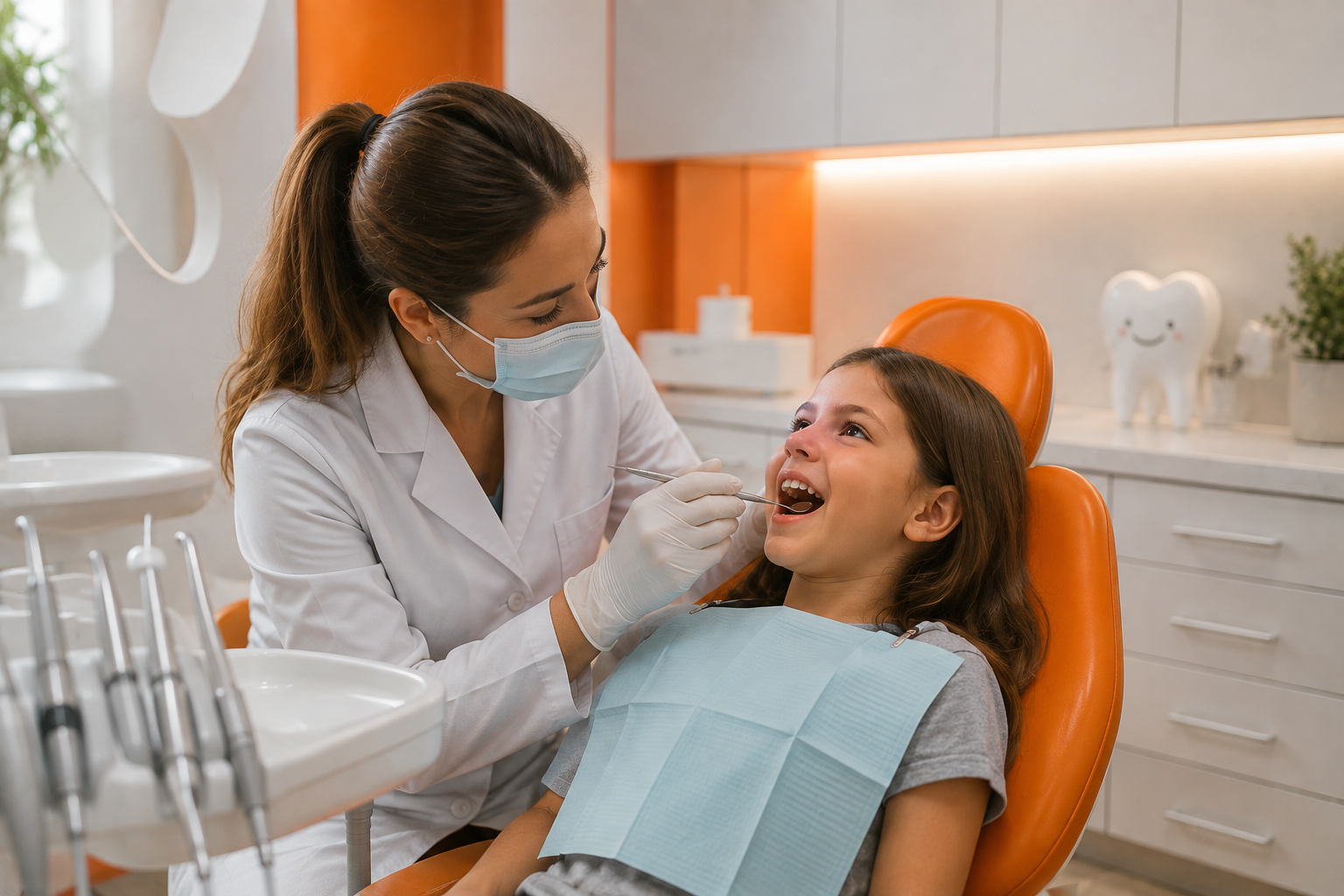 Child smiling with dentist at a pediatric dental visit