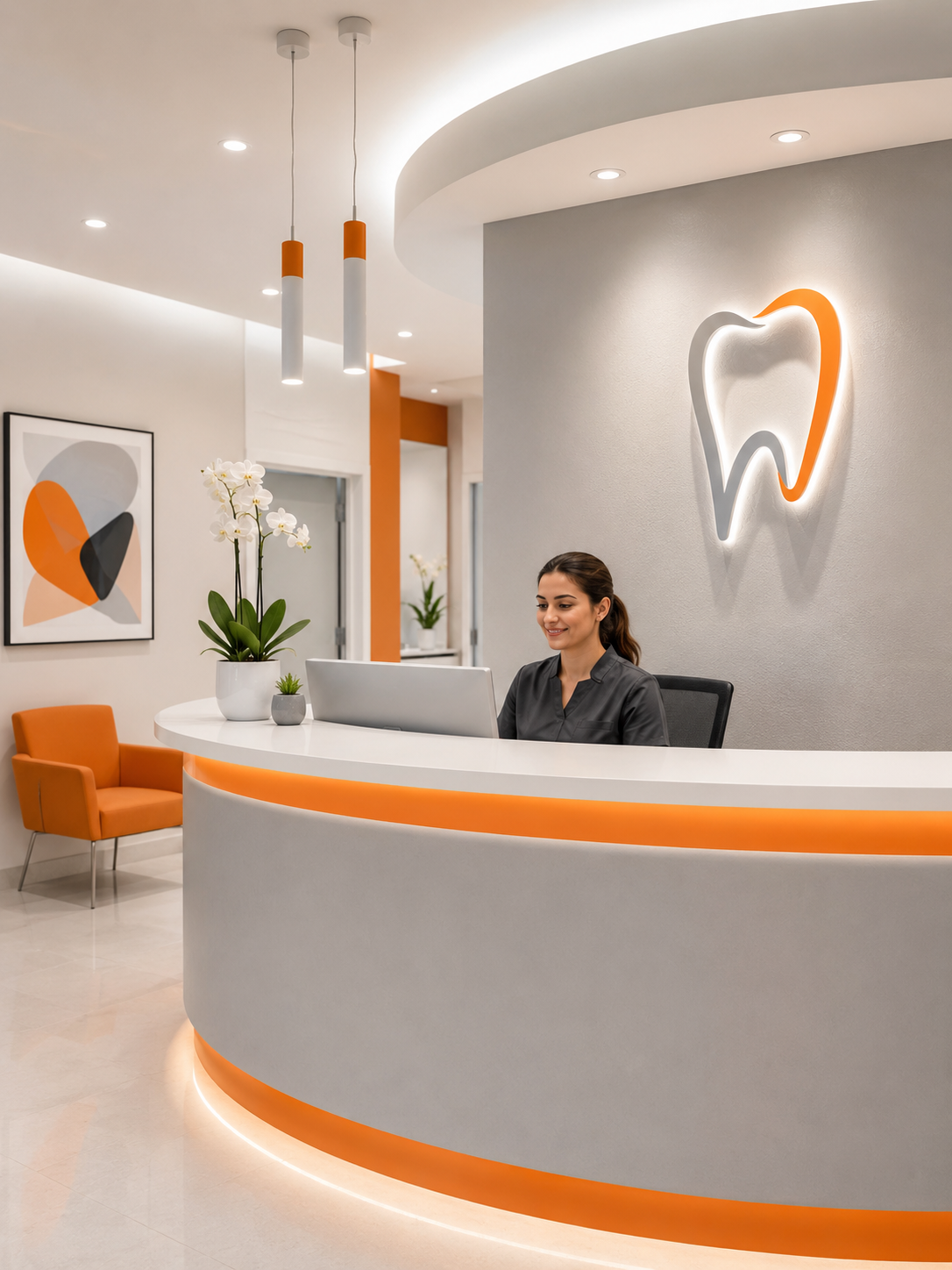 Warm, modern reception area at Dental clinic