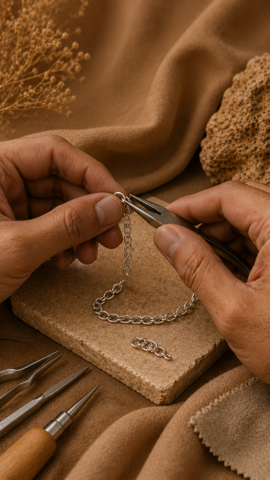 Artisan hands crafting a gold piece on a jeweller's workbench