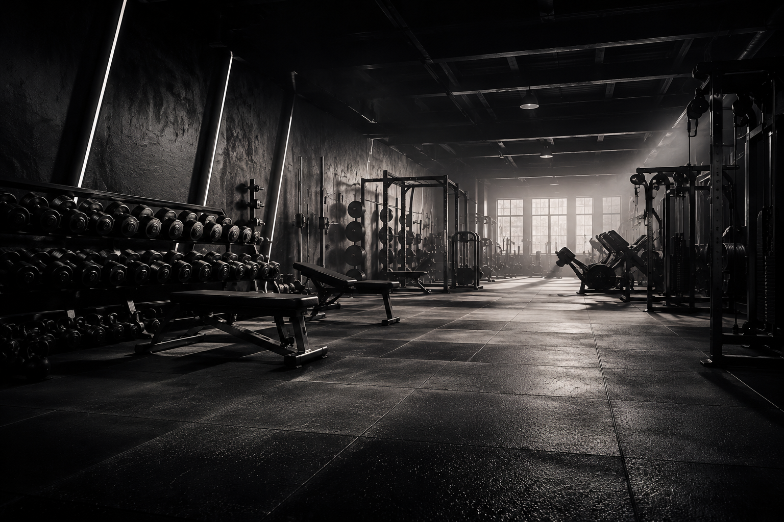 Athlete about to lift a loaded barbell in a dark gym