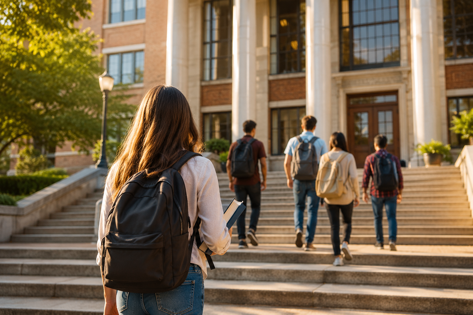 Students standing and talking outside a campus building.