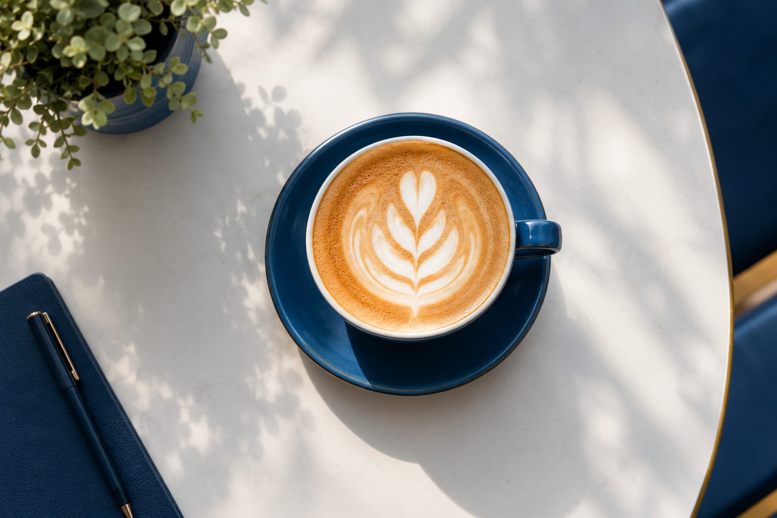 Warm latte on a marble table in early morning light