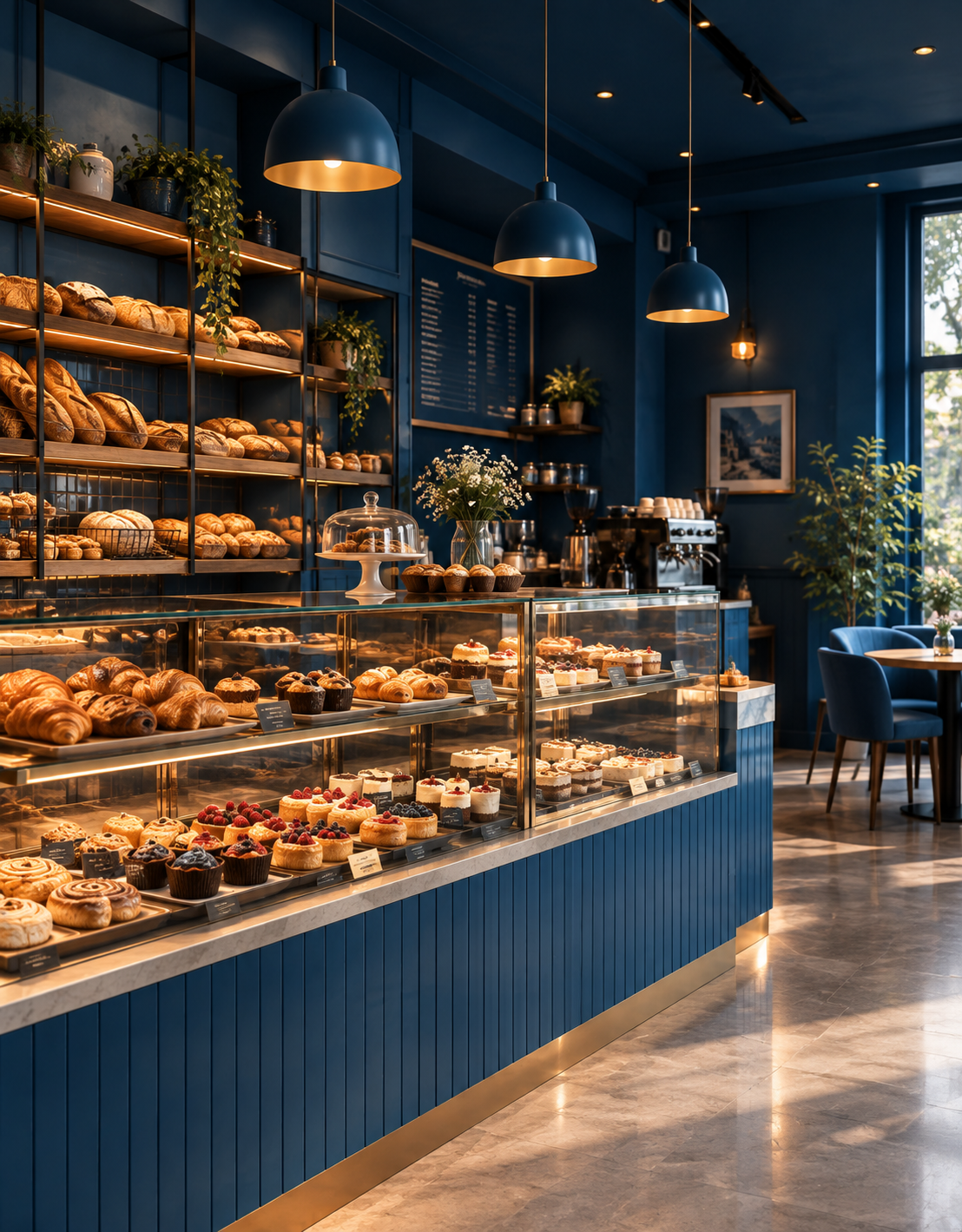 Bright, minimalist Cafe interior with natural daylight and clean architectural lines