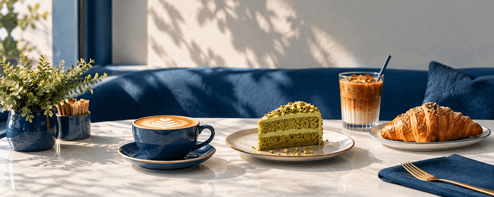 Wide cinematic view of Cafe's light-filled interior with plants and clean architecture