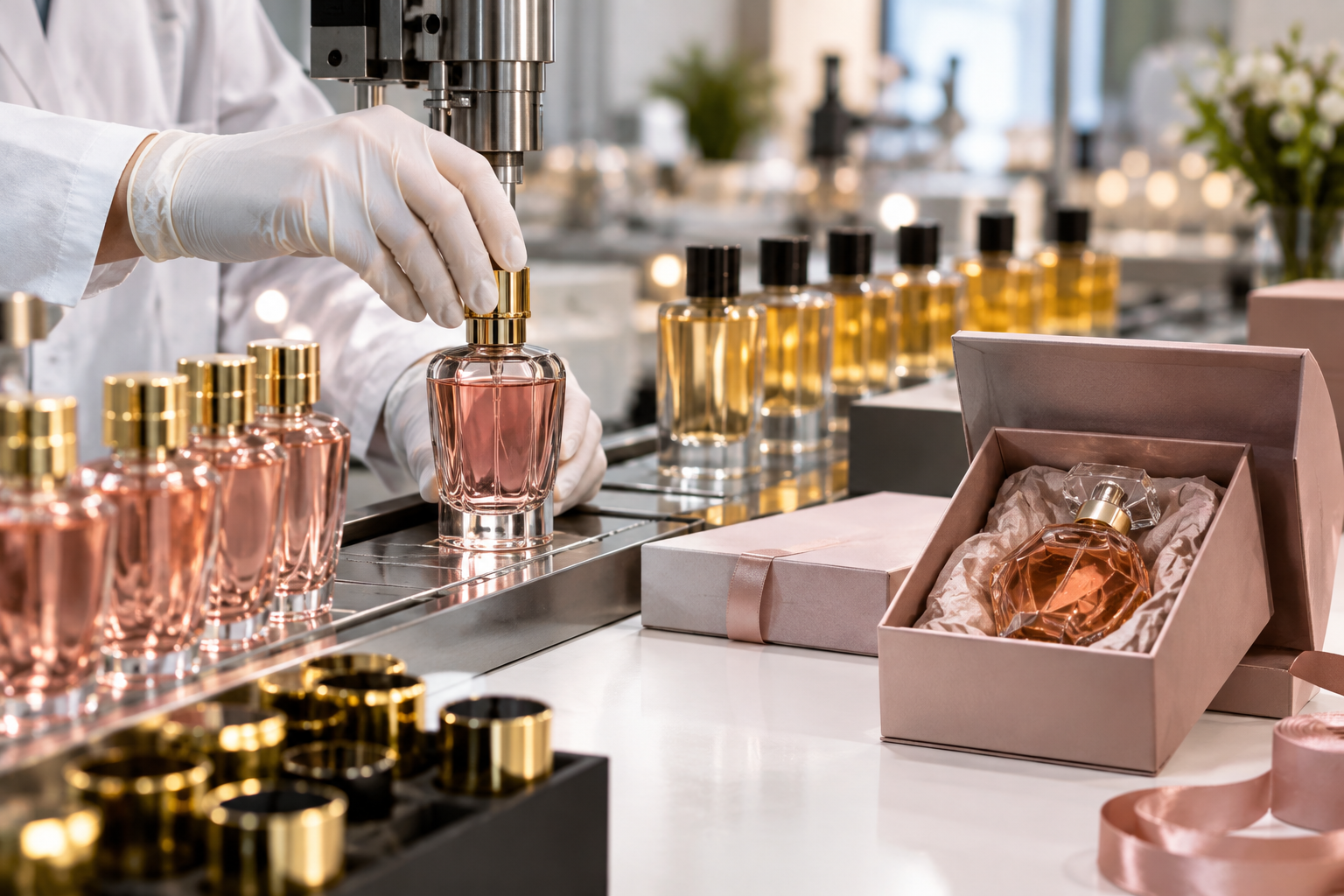 Perfumer filling a slender glass bottle