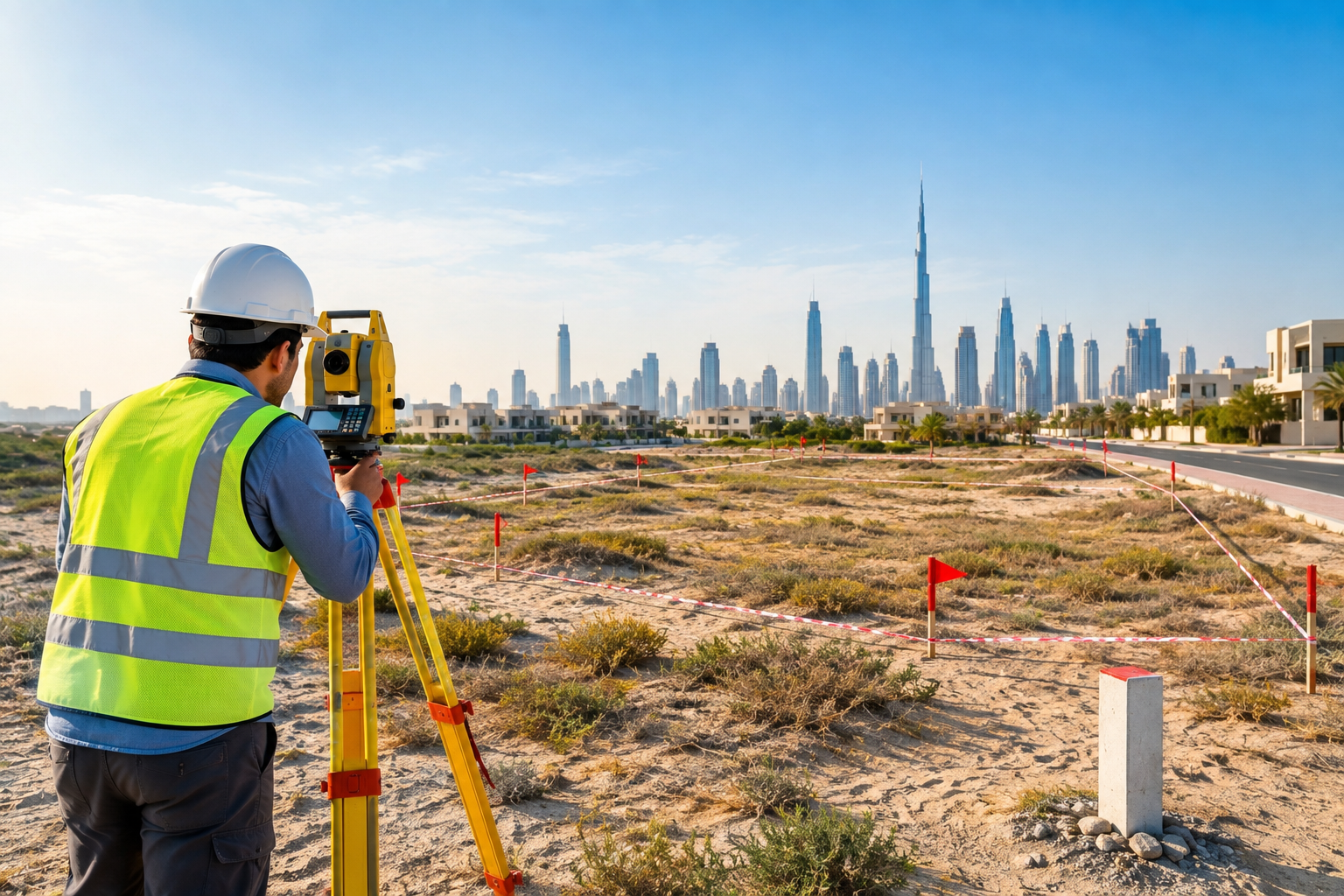 Surveyor marking a boundary line on open land