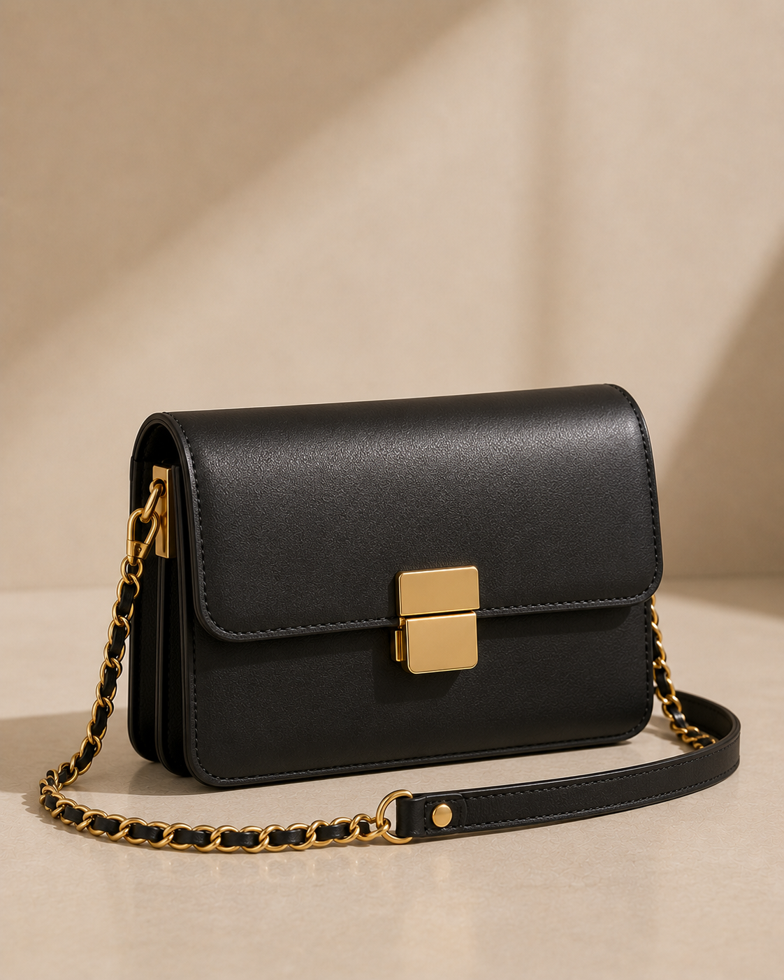 Purses category, black leather pouch on a yellow background