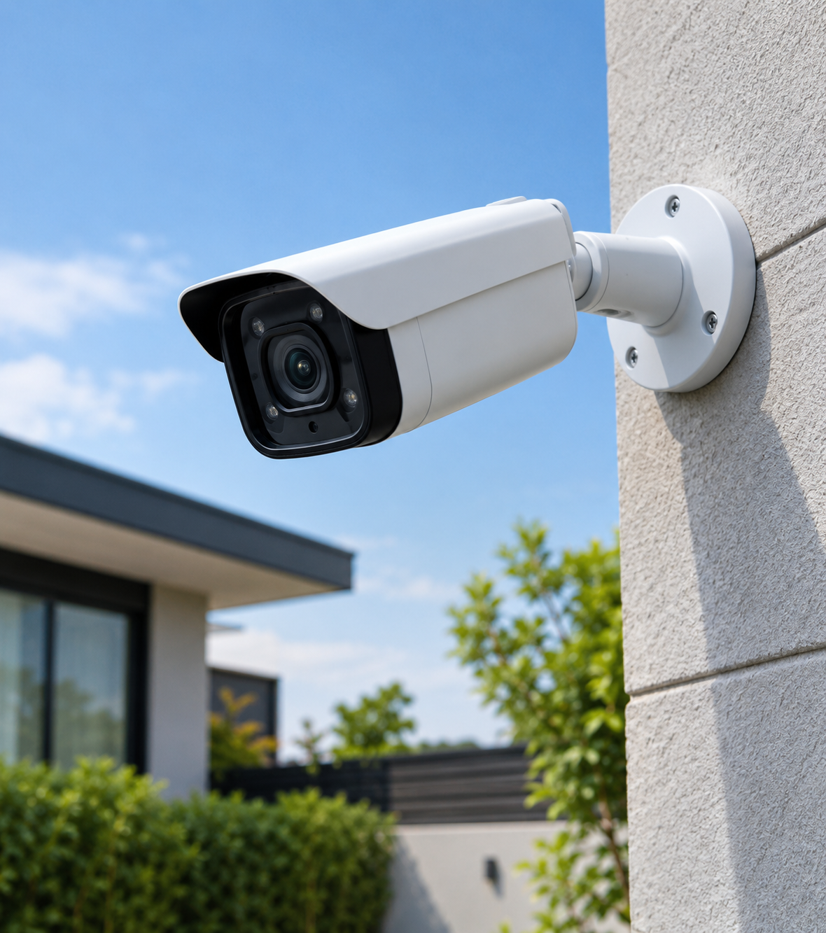 Professional CCTV camera mounted on a modern commercial building