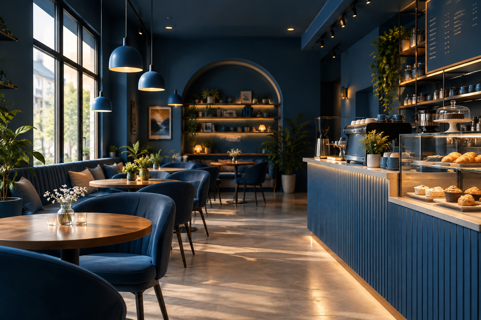 Modern Cafe interior filled with daylight, plants and people relaxing at communal tables