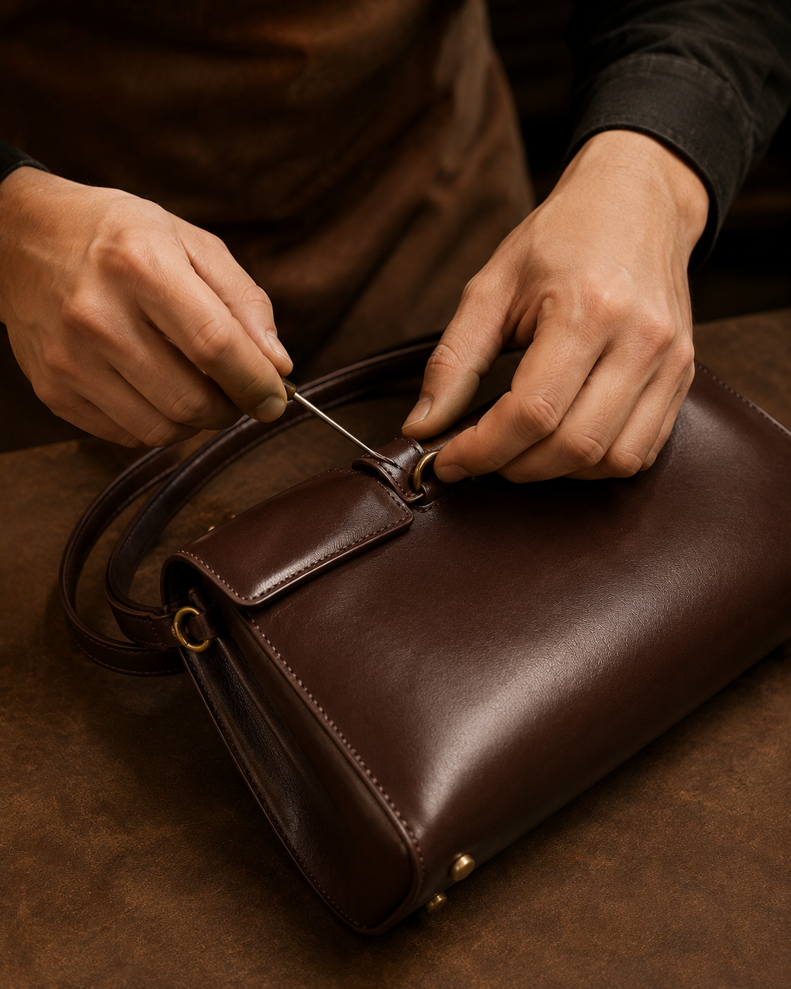 Hands cutting leather with a craft knife