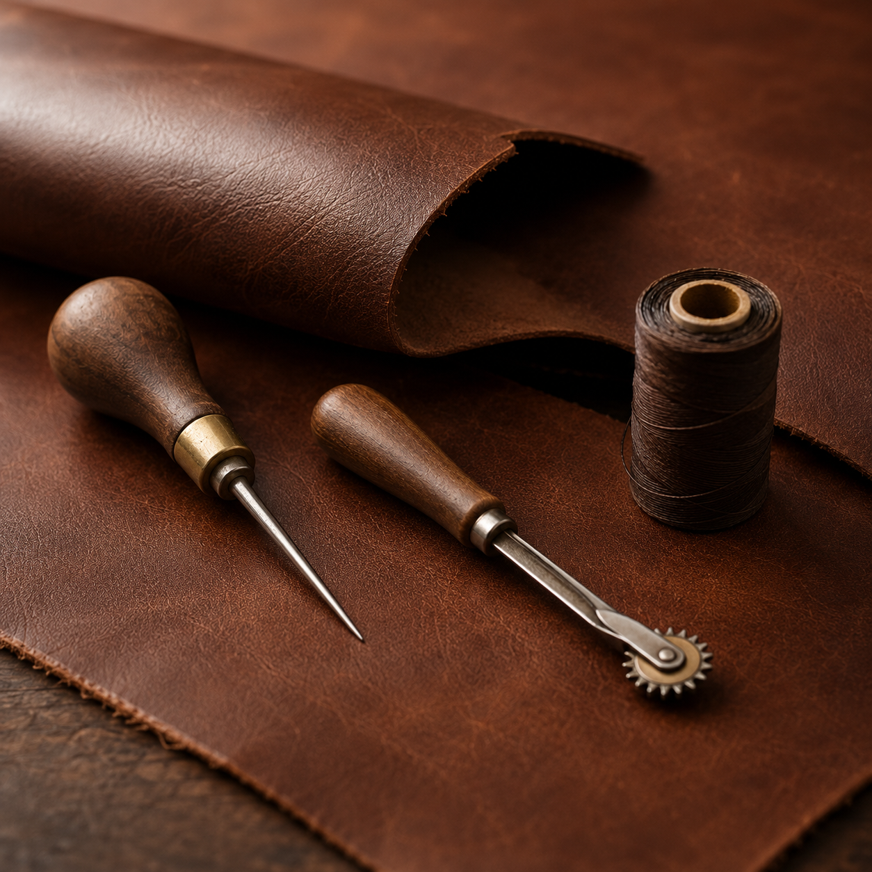 Leatherworking tools arranged on a cutting board