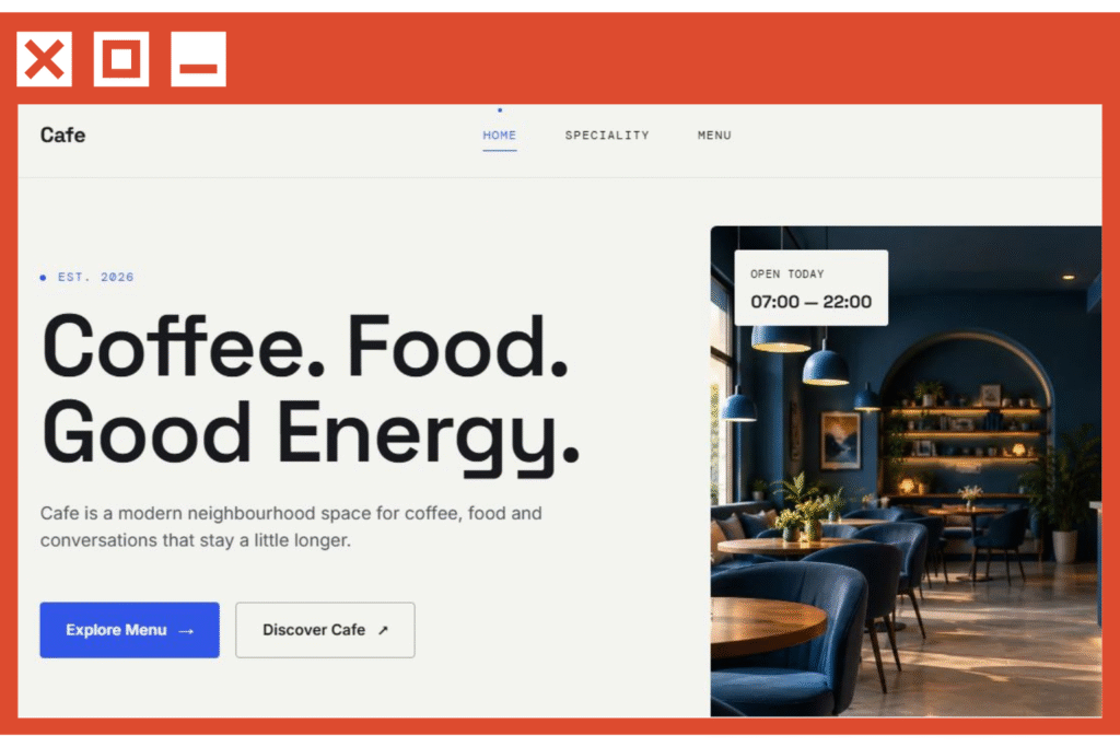 Responsive cafe website template with restaurant menu and booking feature.