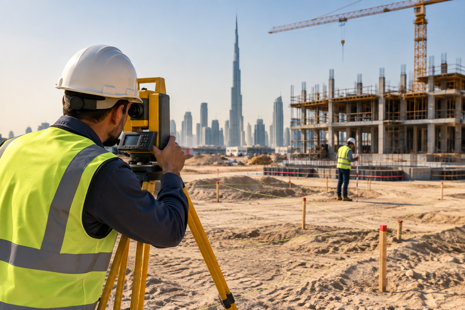 Surveyor beside heavy construction equipment on site