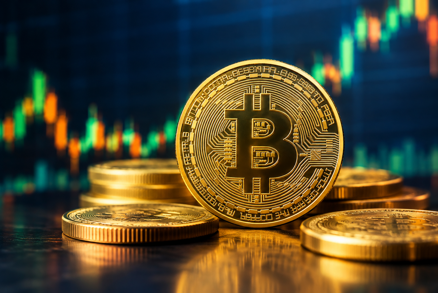 Close-up of a gold Bitcoin coin resting on a dark surface