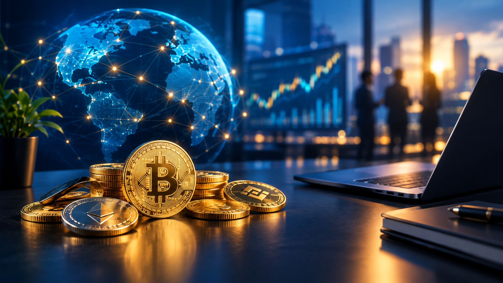 Diverse Crypto team collaborating around a table in the office