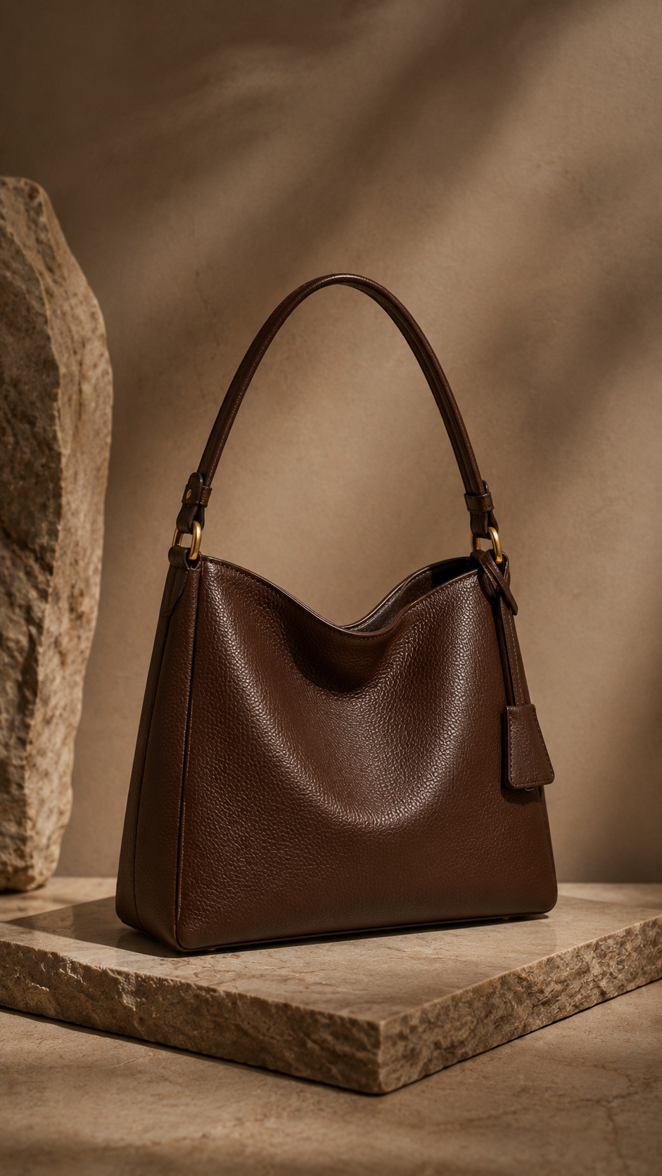 Woman walking down a city street carrying a leather bag