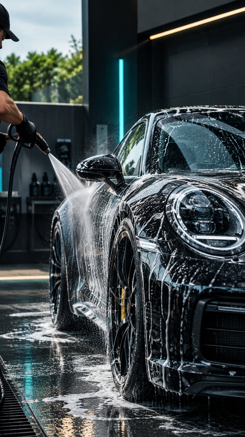 Grey car covered in soap suds during a hand wash