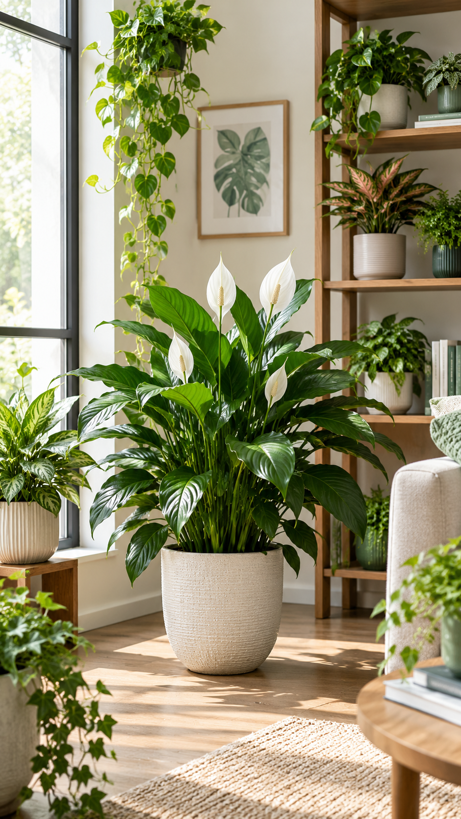 Snake plant styled on a bright shelf