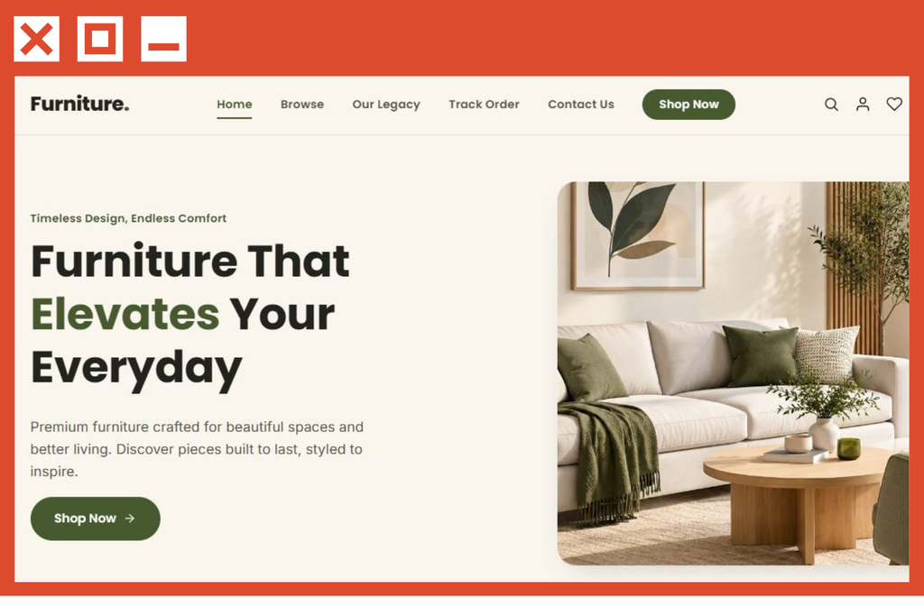 Modern furniture store website template with browse section and our legacy page.
