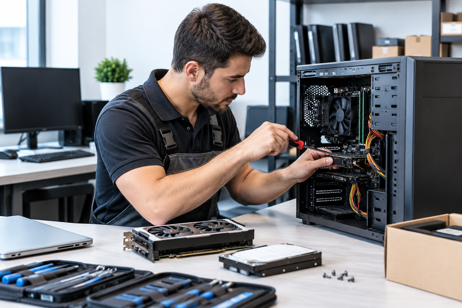 Technician working on a server rack