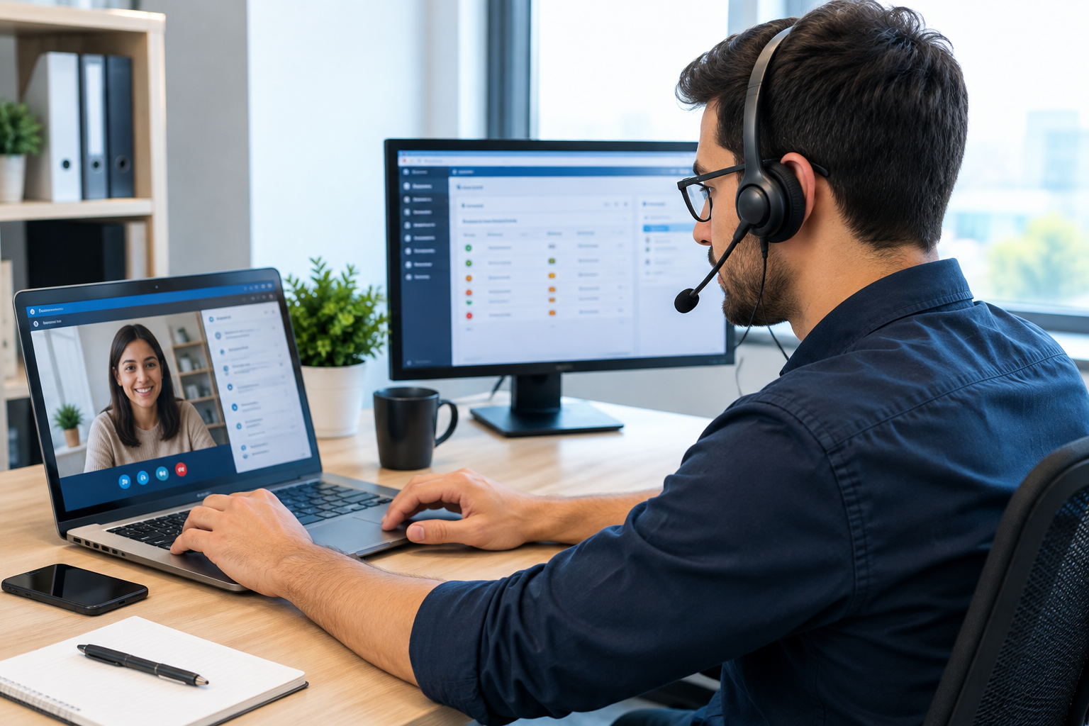 Two support technicians wearing headsets in a bright office