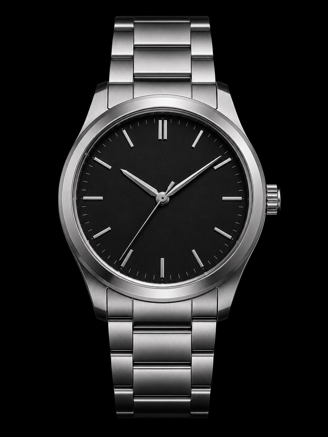 Close-up of the Watch, a stainless steel chronograph, against a dark background