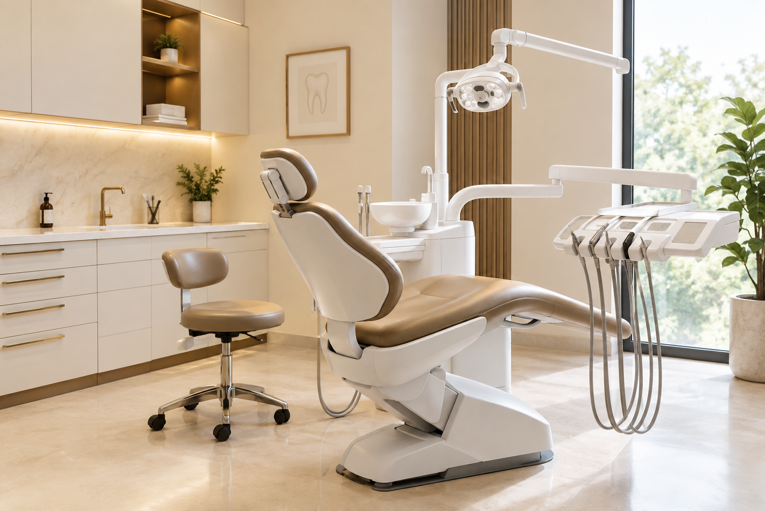 Bright, modern dental treatment room with a contemporary dental chair