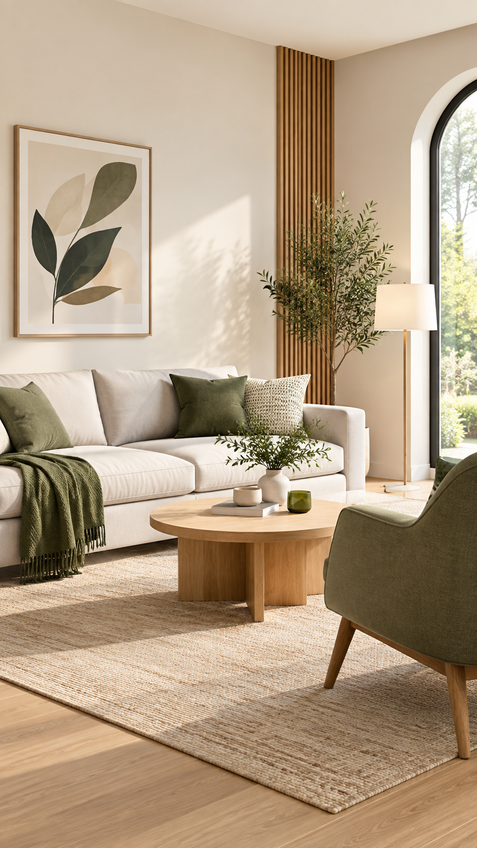 Beige sofa and armchair in a sunlit living room